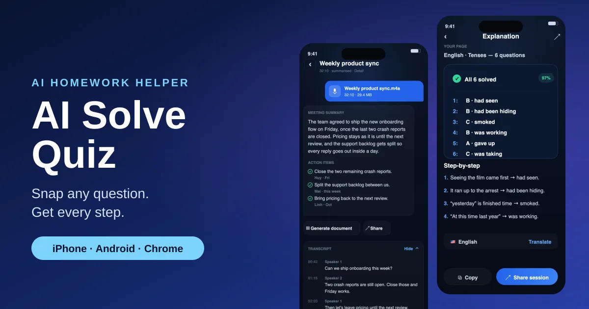 AI Solve Quiz: a step-by-step explanation and a meeting summary on two phones