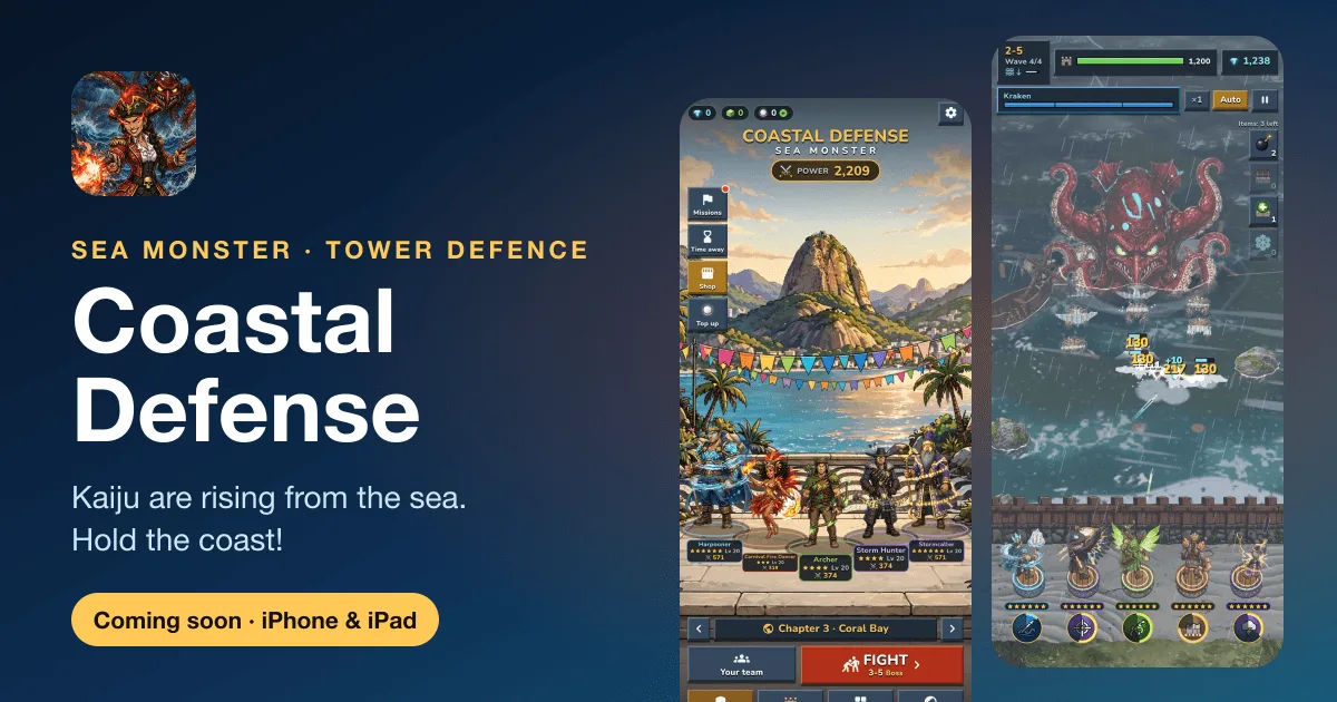 Coastal Defense - Sea Monster: the home screen and the Volcano Turtle boss fight