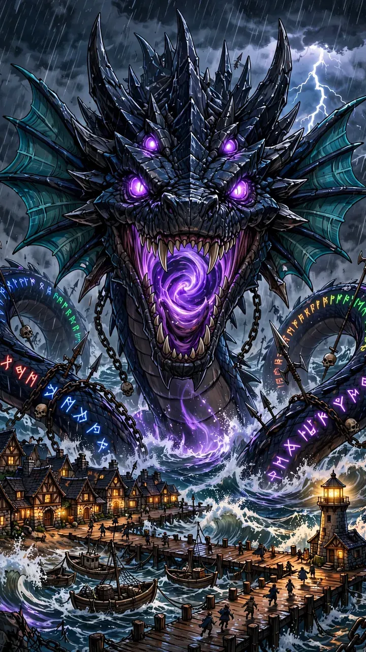 The Abyssal Leviathan rises over a harbour at night, its jaws glowing violet