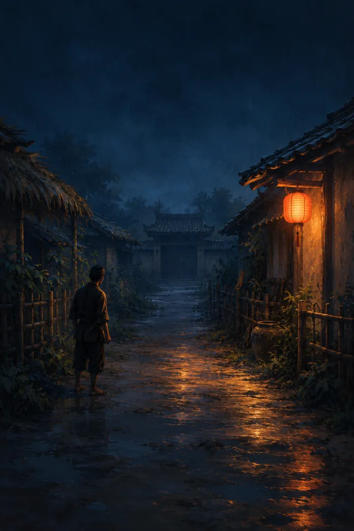 Vược in a rain-soaked village lane at night, a red lantern glowing by the gate