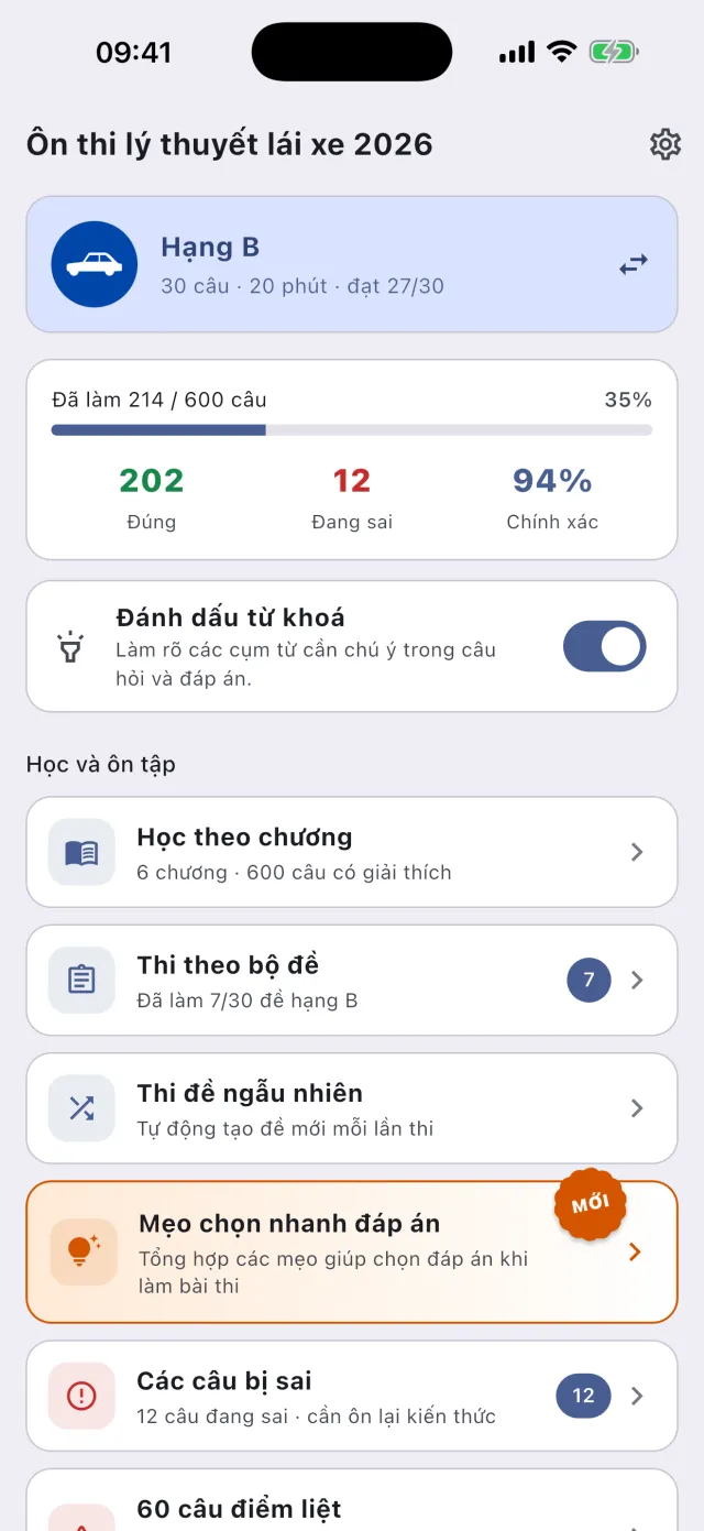 Trang chủ ứng dụng: tiến độ ôn thi hạng B, đánh dấu từ khoá và các mục học