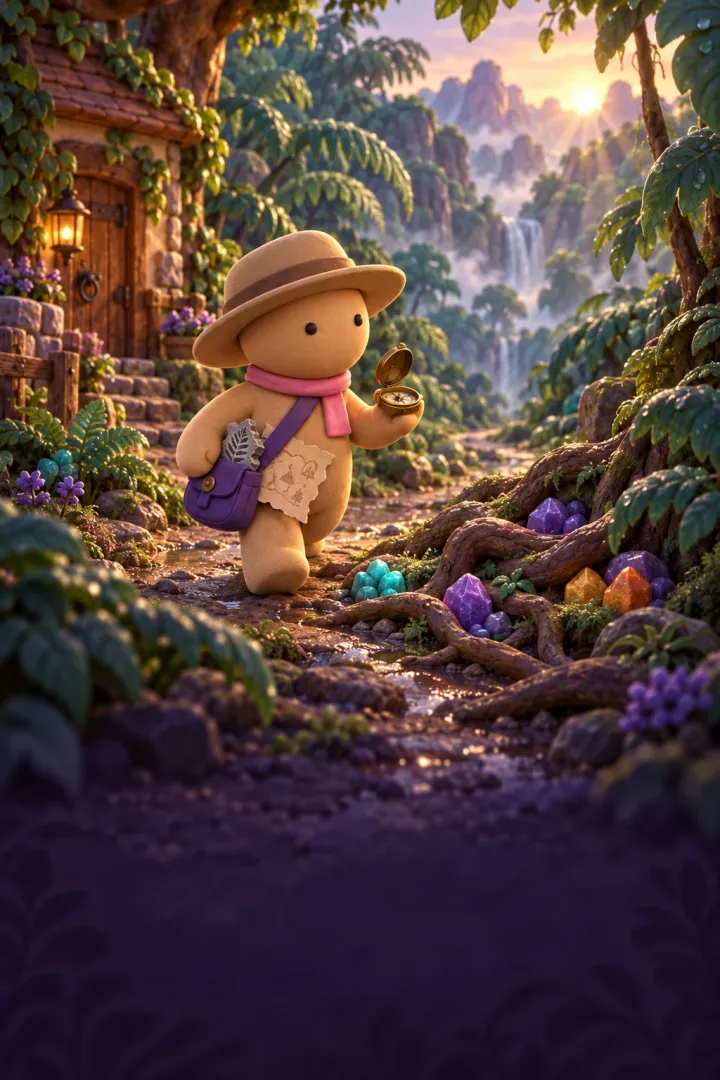 Pip, a small clay explorer in a wide-brimmed hat, sets out on a forest trail strewn with glowing minerals