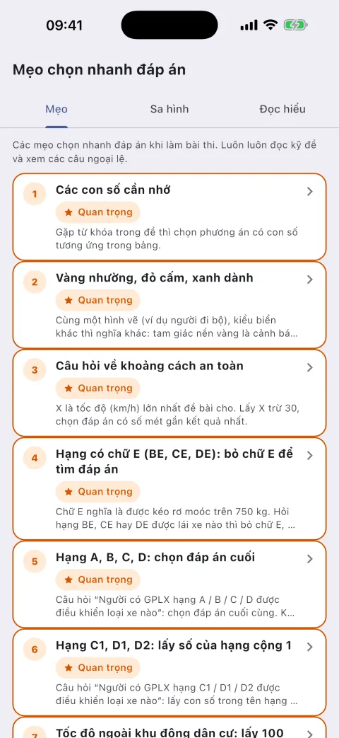 Màn hình mẹo chọn nhanh đáp án, các mẹo quan trọng xếp đầu